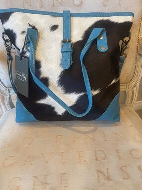Myra Bag Black & White Cowhide Shoulder Tote with Teal Trim